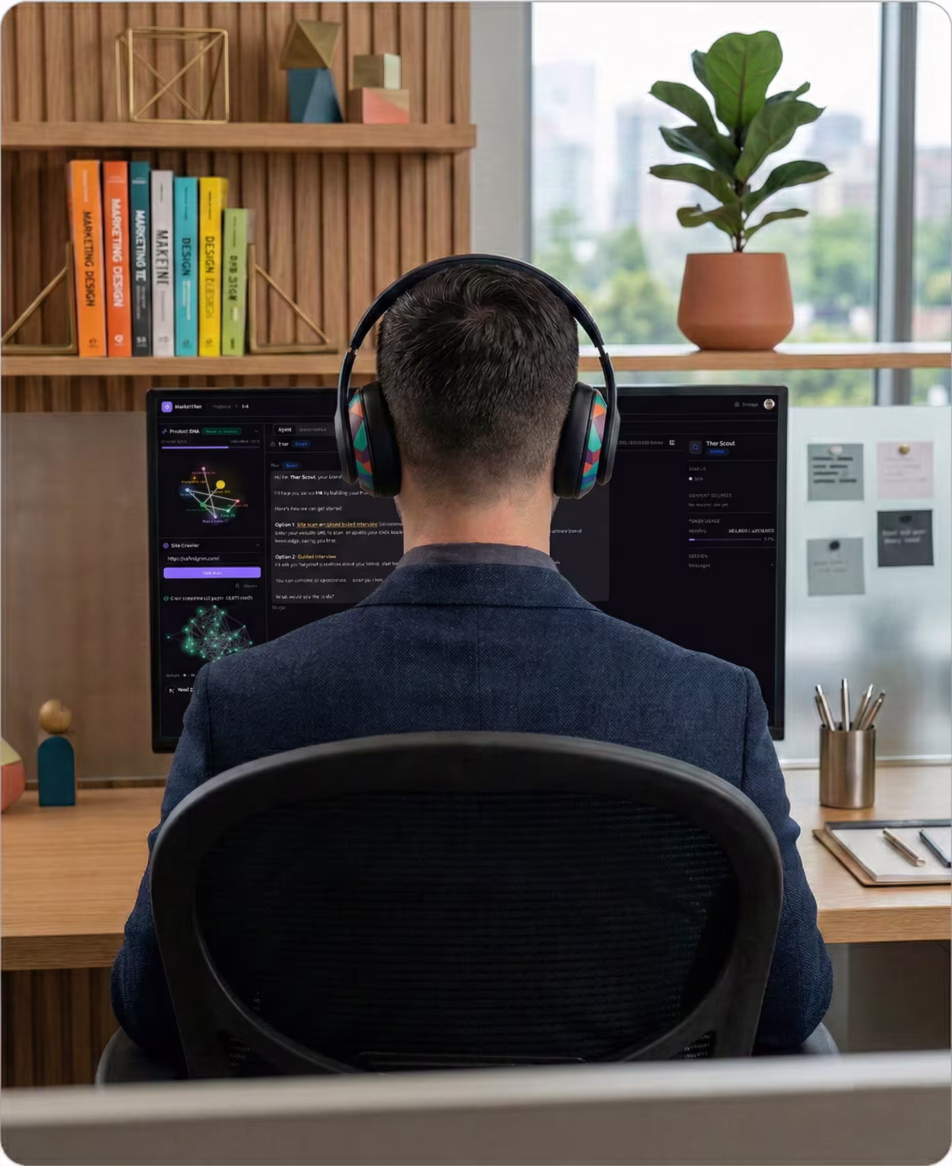 B2B-Marketing-Profi am Schreibtisch mit zwei Monitoren