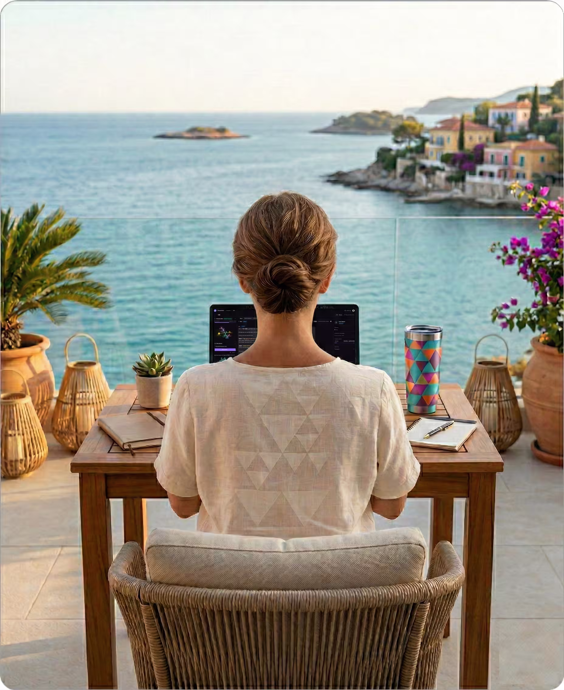 B2C-Unternehmerin arbeitet remote am Laptop am Meer